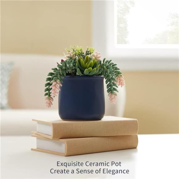 Artificial Succulent in Ceramic Pots, 2 Packs Large Faux Fake Plants Navy Blue - Picture 4 of 6